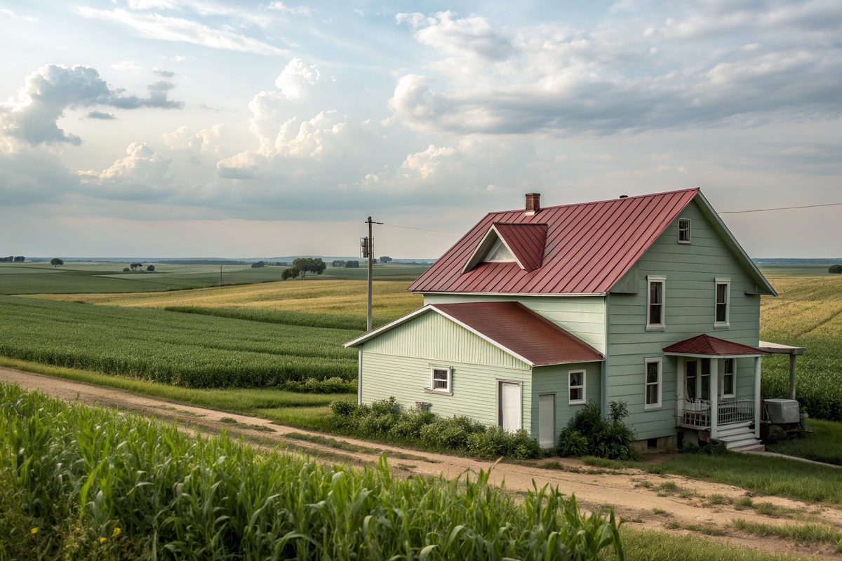 A light green farmhouse with a red metal roof beside a cornfield on a rural acreage