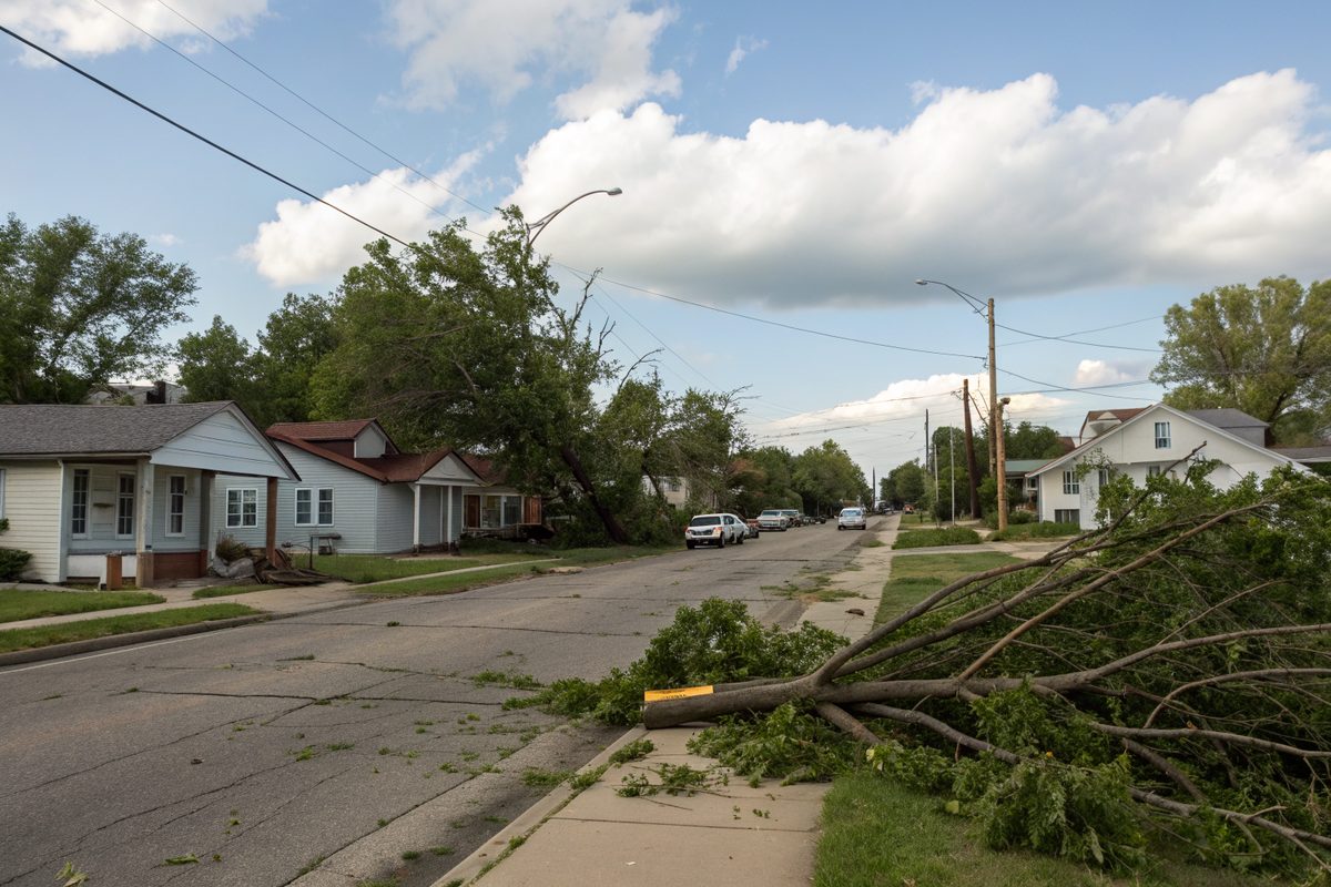 Broken tree branches along the curb of a small-town street after a windstorm