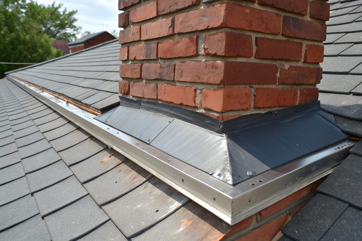 New metal flashing where a gray shingle roof meets an old red brick chimney