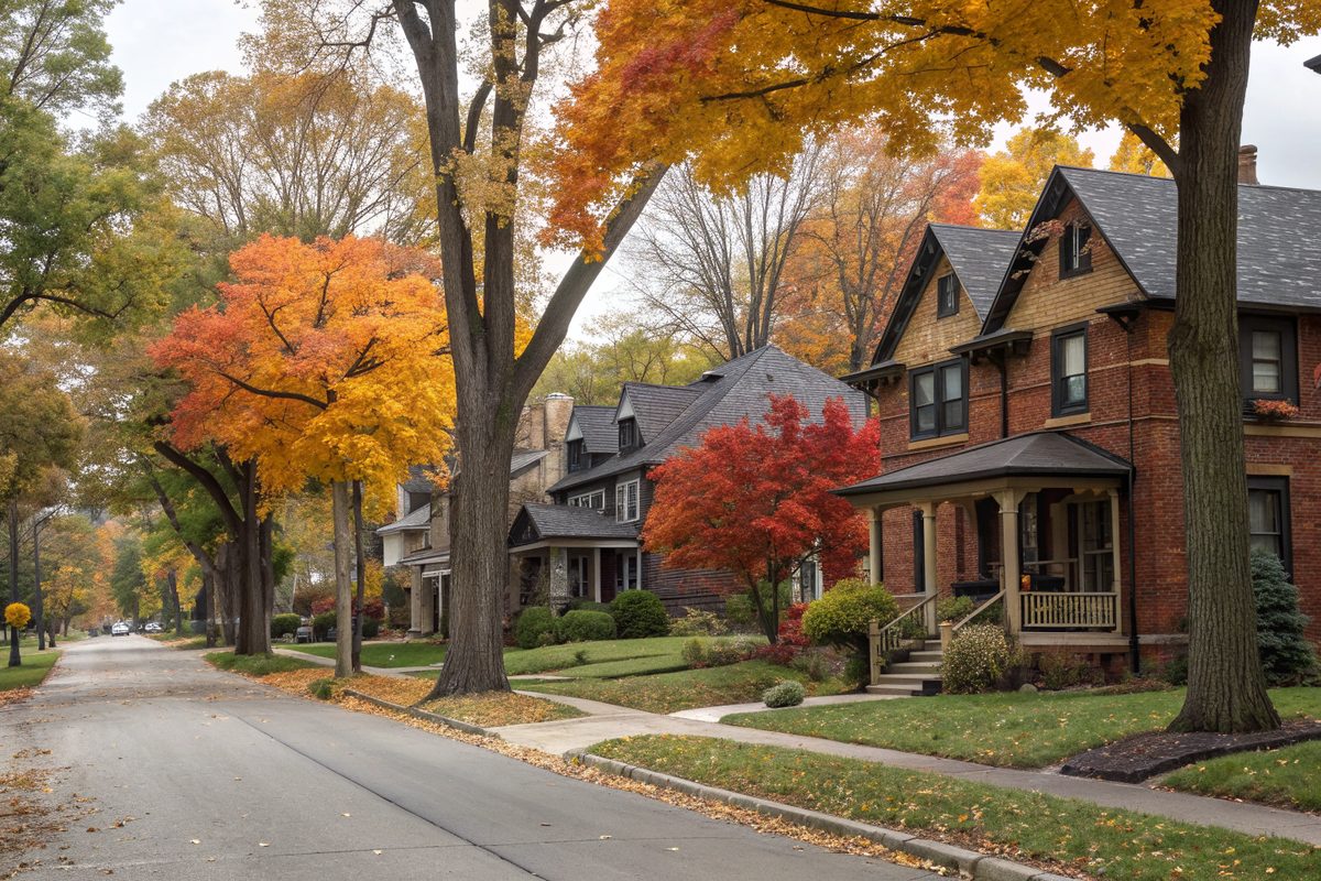 Older brick and wood two-story houses under fall color on a quiet college-town street