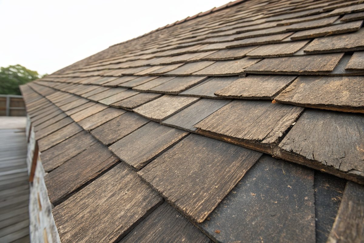 Close view of thick layered architectural shingles in a weathered brown blend