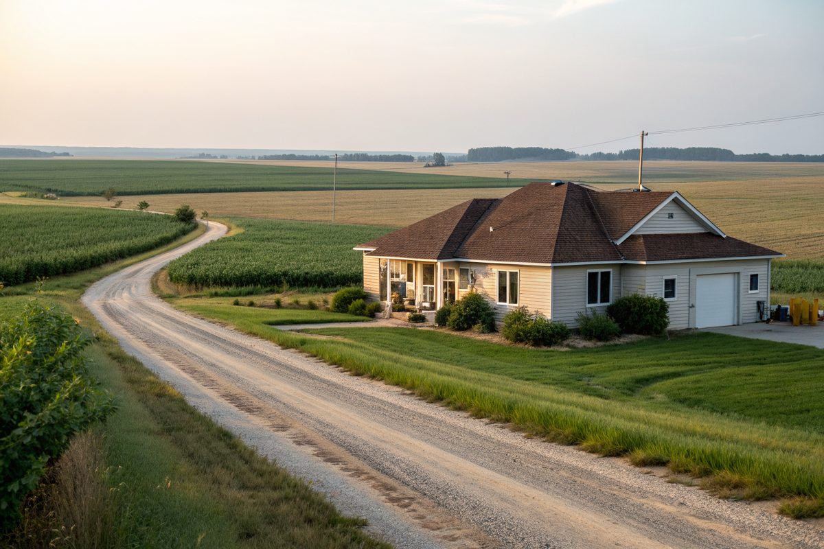 A one-story country home with a brown shingle roof at the end of a gravel lane between fields