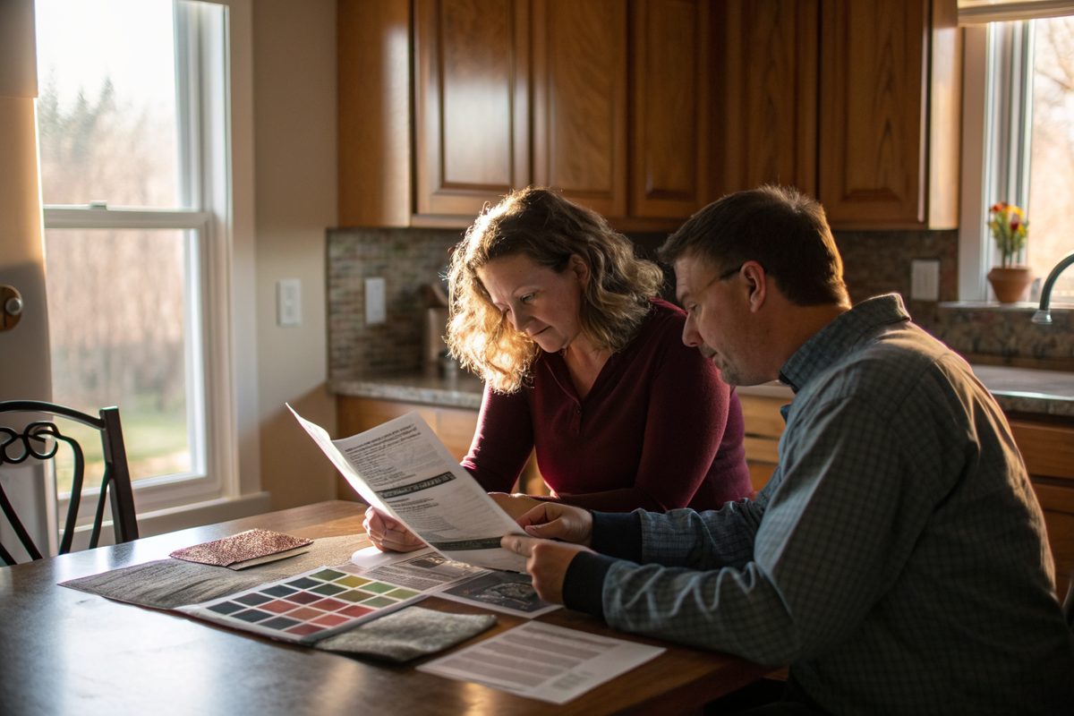 A couple at a kitchen table reading a printed roofing estimate beside shingle color samples
