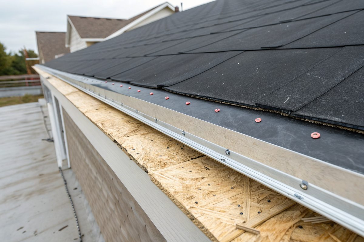 A black ice barrier membrane and metal drip edge along a roof eave over new decking