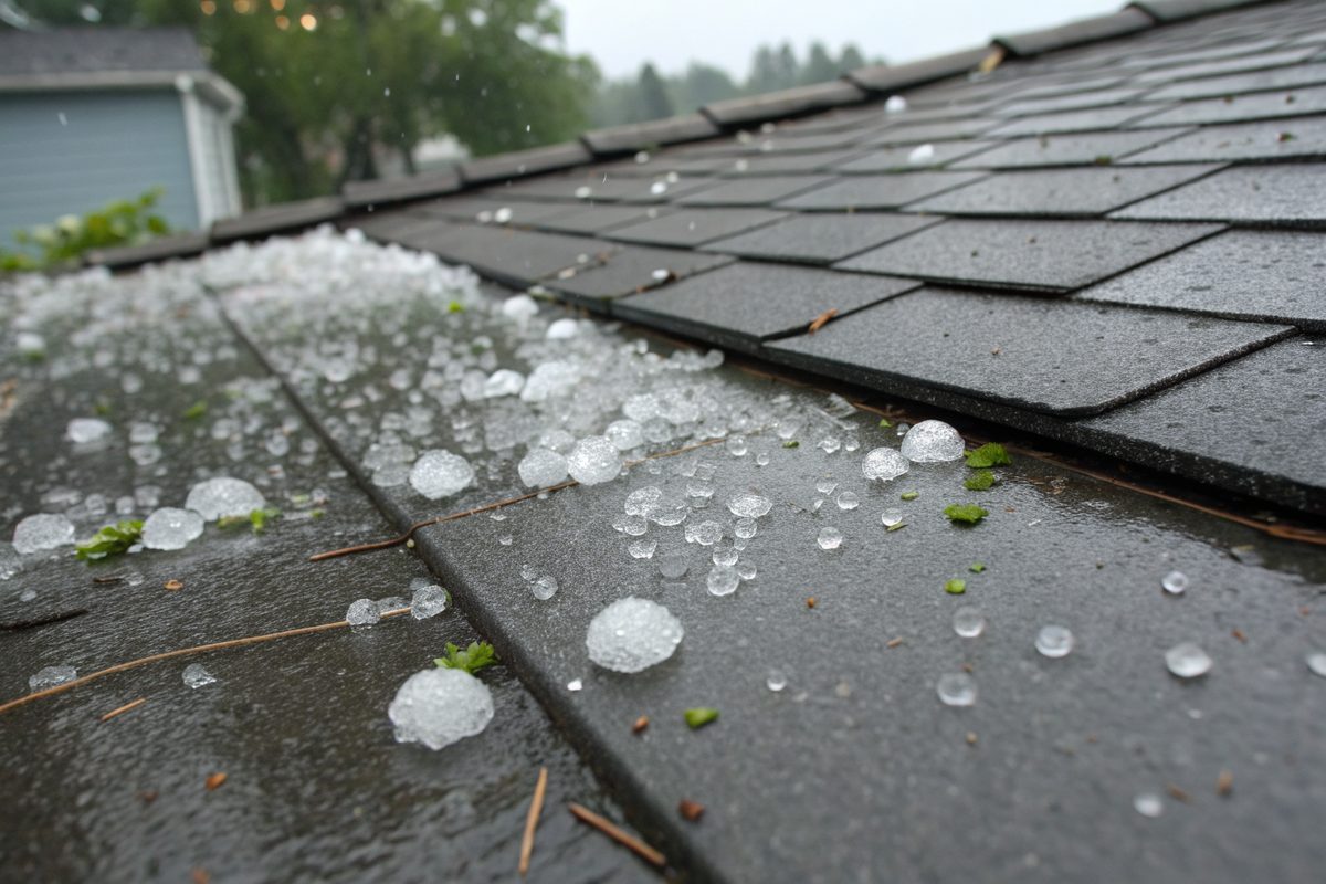 Hailstones scattered on a wet dark gray shingle roof after a summer storm