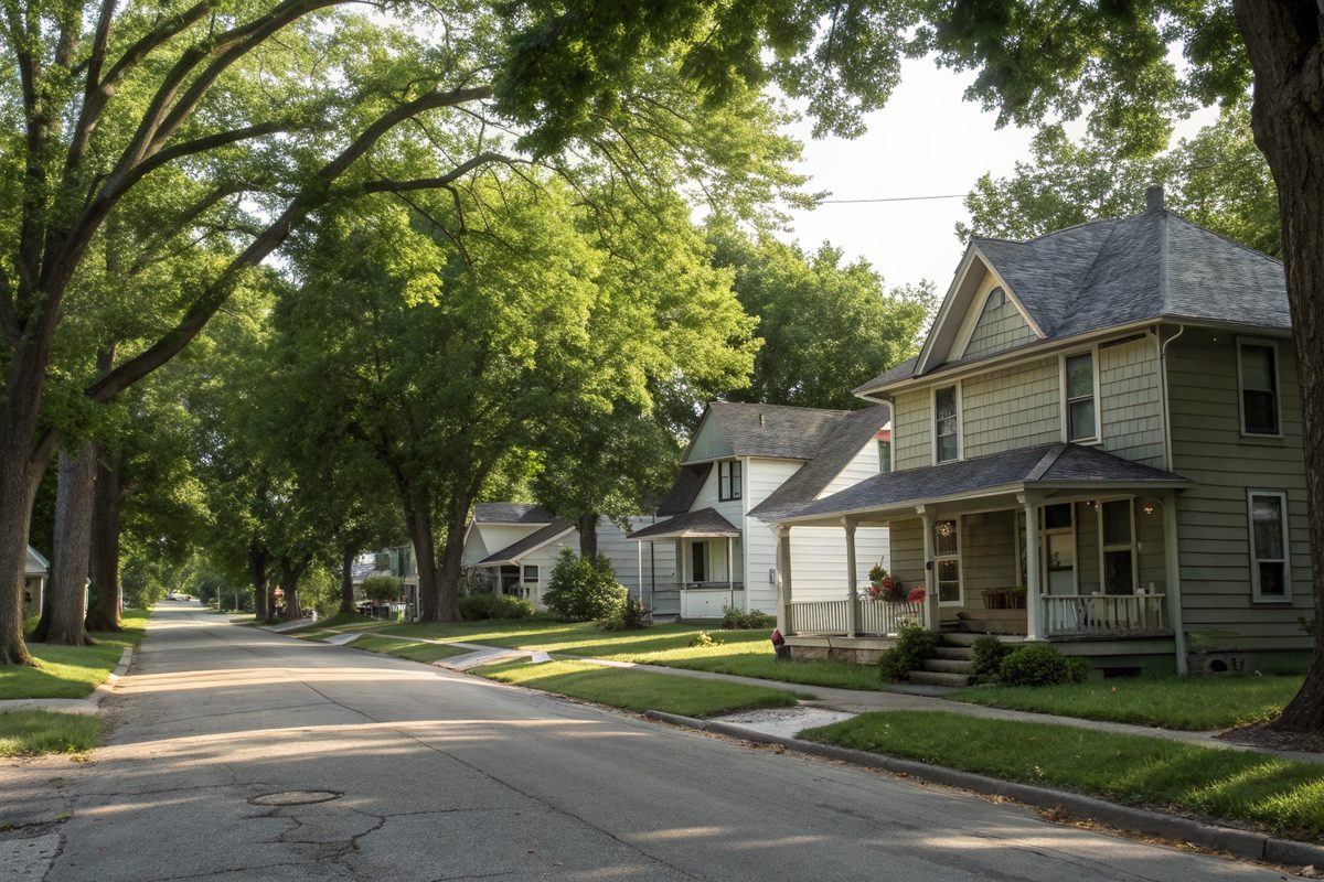 A quiet street of older two-story frame houses with gray shingle roofs under big maple trees