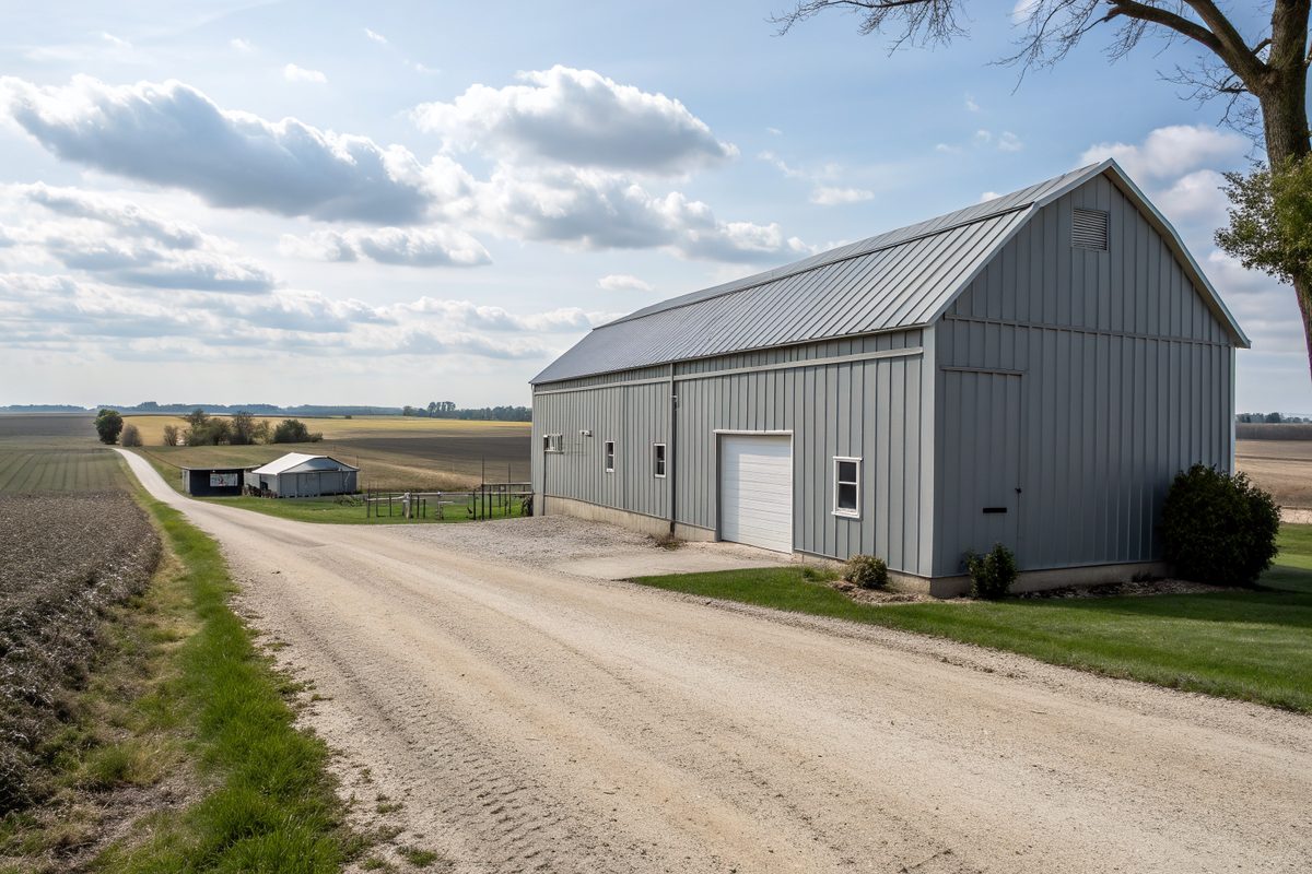 A gray steel machine shed with a metal roof beside a gravel drive and farm fields