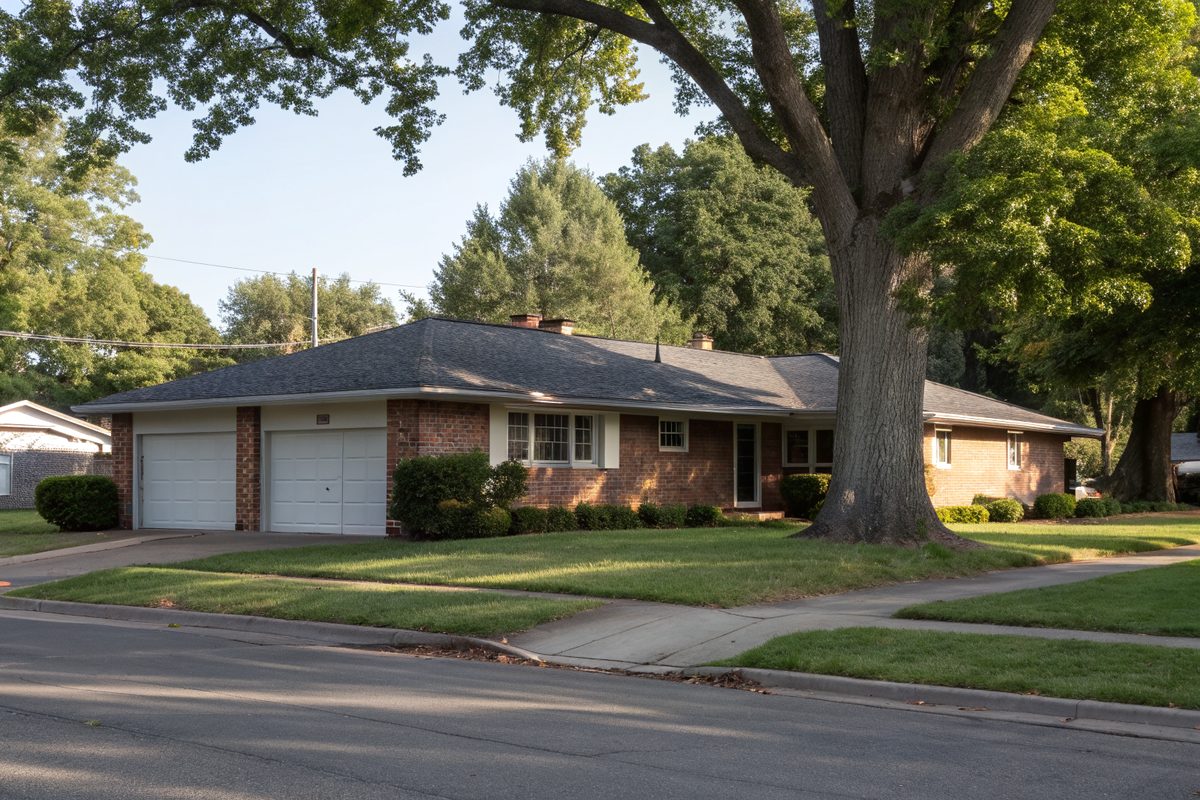 A mid-century brick ranch house with a low gray shingle roof and a big shade tree