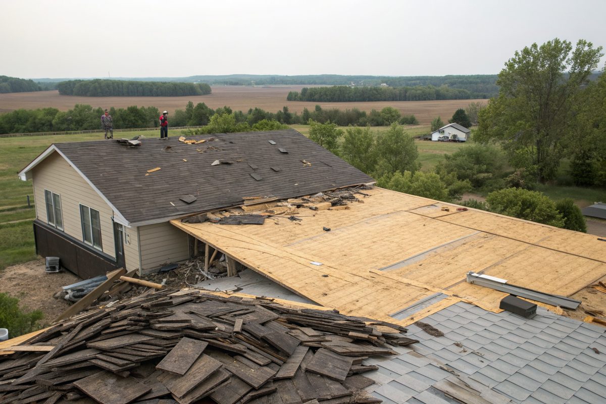 A house roof stripped to its plywood deck during a tear-off, with farm fields beyond