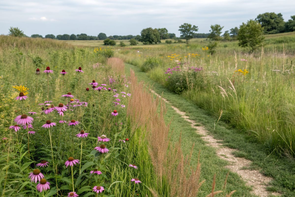 A mown path through restored tallgrass prairie with purple coneflowers