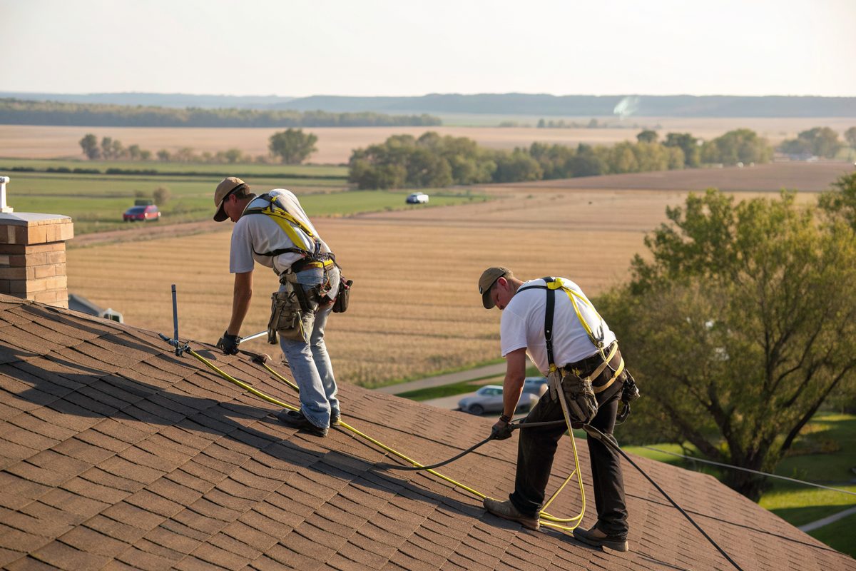 Two roofers in harnesses laying new brown shingles with Iowa farmland behind them