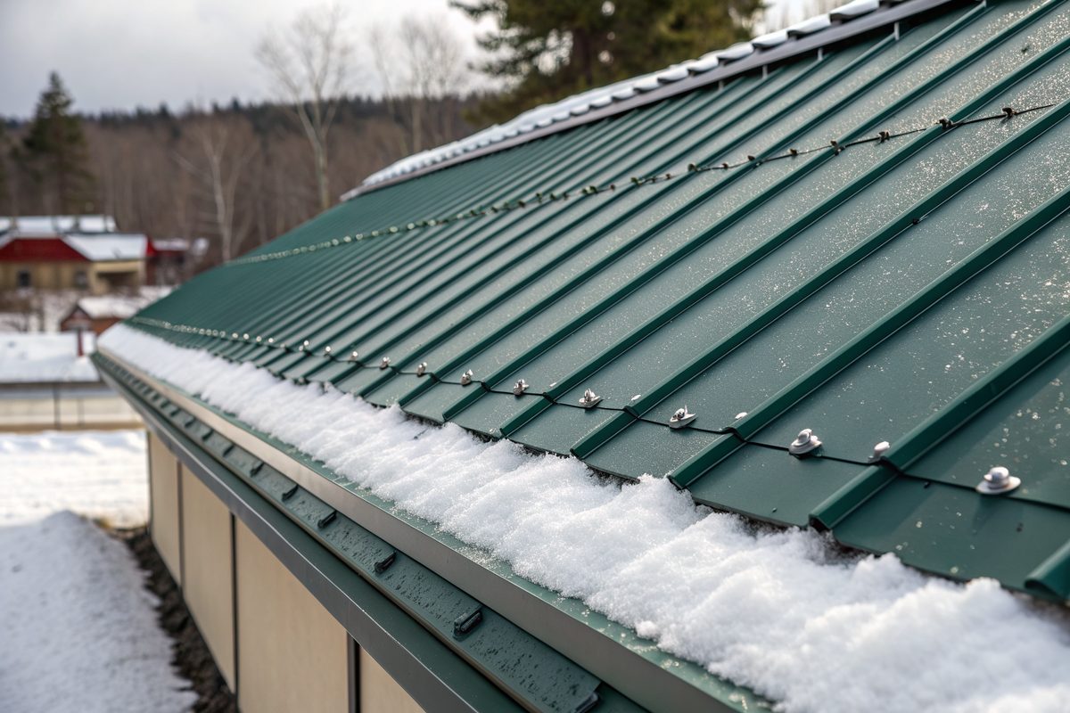 Snow guards on a dark green standing-seam metal roof with fresh snow