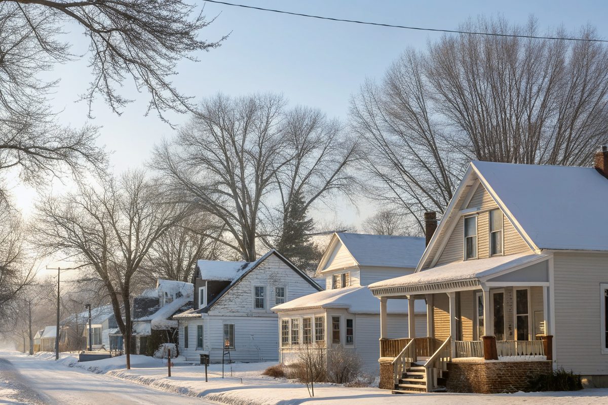 Snow on the roofs of older frame houses along a small-town street on a winter morning