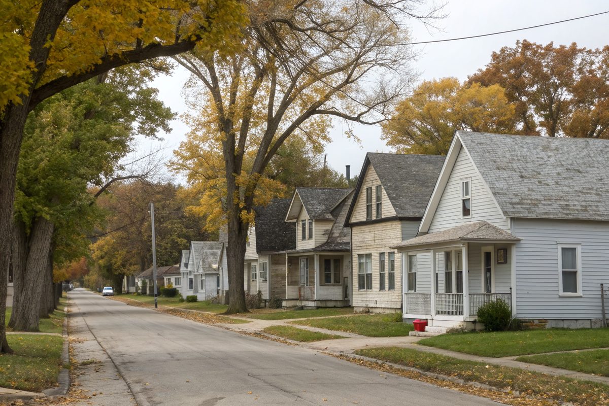 A row of one-and-a-half-story frame houses with steep gray roofs under oak trees