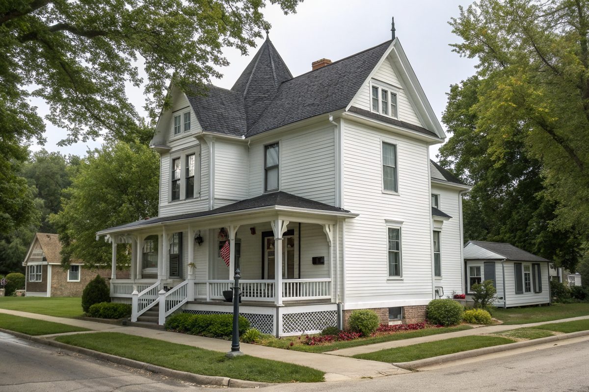 A restored white Victorian house with a steep gabled roof and a wraparound porch