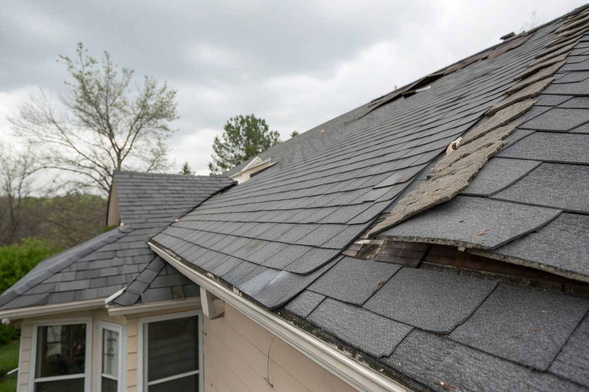 Wind-lifted and creased gray shingles near the ridge of a house roof